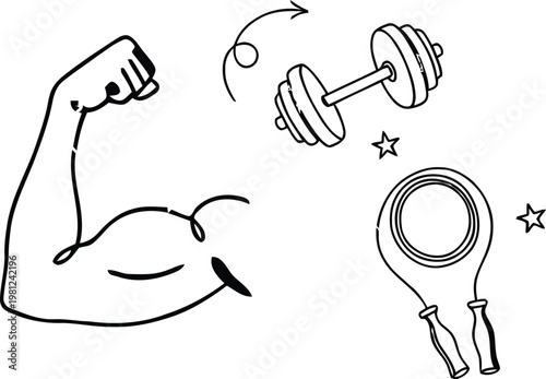 Hand drawn doodle of a muscular arm flexing with a dumbbell and jump rope fitness icons for workout and health concepts