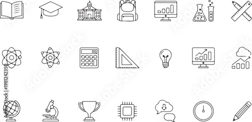 Education and learning icon set Outline vector icons related with education, success, academic subjects and more.