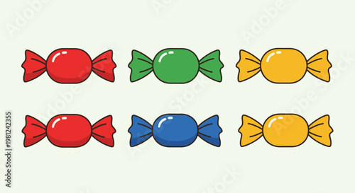 A collection of six colorful wrapped candies in a simple cartoon style illustration, featuring red, green, yellow, and blue sweets.