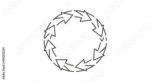 A circular arrangement of multiple arrows forming a continuous clockwise loop, symbolizing a cycle, rotation, or ongoing process.