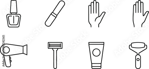 Beauty and personal care line icon set including nail polish hair dryer razor face roller and skincare tube