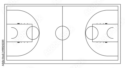 Overhead view of a standard basketball court layout with all markings and hoops, illustrating the playing area.
