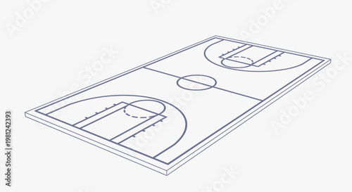Isometric line drawing of a basketball court layout with court markings and boundaries on a white background.