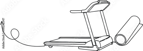 Continuous line drawing of a treadmill and yoga mat fitness equipment icons