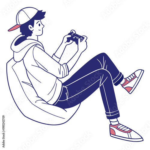 A young man is thoroughly engrossed in playing a video game while comfortably seated in a white beanbag chair high quality professional