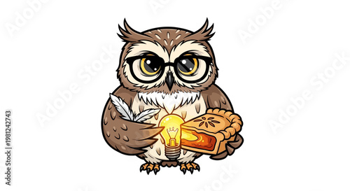 A cute cartoon brown owl with big eyes and a sharp beak sits on a branch or a white background in this funny wild nature vector illustration character design