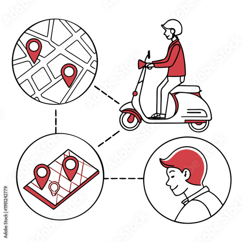 A delivery person riding a scooter is depicted alongside map graphics showing location pins and a customer profile high quality professional detailed