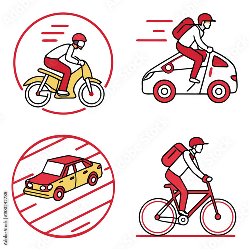 This colorful illustration depicts various modes of transportation including scooters bicycles and cars showcasing modern urban mobility high quality professional detailed elegant