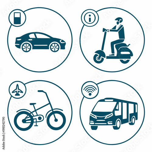 A set of four circular icons representing various transportation methods including cars scooters bicycles and airplanes high quality professional detailed modern elegant