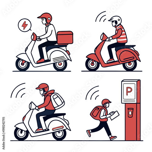 A colorful illustration depicts various delivery personnel utilizing scooters and walking showcasing efficient and rapid parcel transport services high quality professional detailed