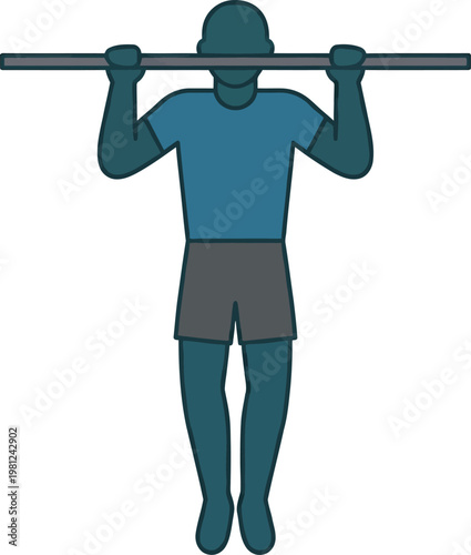 Flat vector illustration of a man performing a pull up on a bar for gym workout and strength training concepts