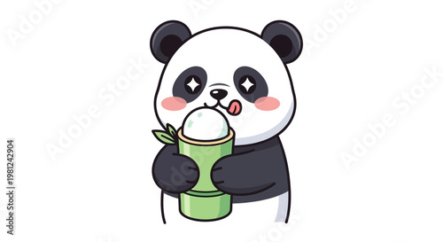 A cute cartoon baby panda character smiles while holding bamboo in this fun vector illustration of China's iconic wildlife animal