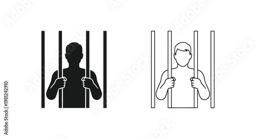 Man behind bars two versions depicting a prison cell silhouette