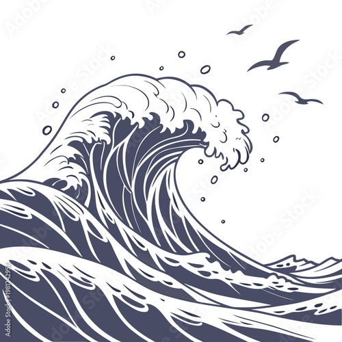 A stylized monochromatic illustration depicts a large ocean wave curling powerfully with a few birds soaring above high quality professional detailed modern