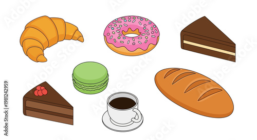 Cartoon vector illustration set of sweet bakery food icons featuring chocolate cake with coffee, breakfast pastries, croissants, donuts, and bread snacks on a brown dessert background