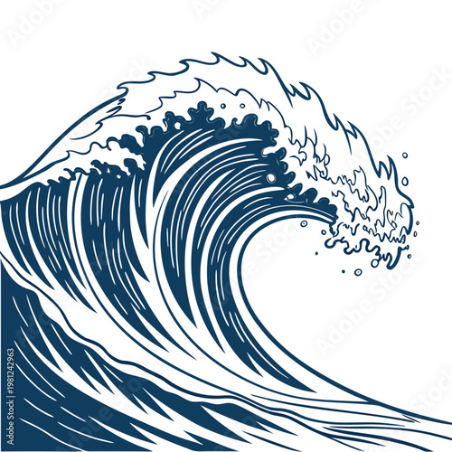 A stylized blue and white illustration depicts a large ocean wave curling and breaking showcasing dynamic movement and power high quality professional