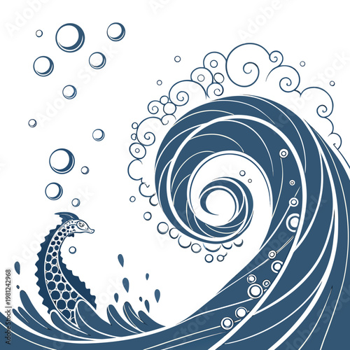 An artistic depiction showcases a swirling blue ocean wave with a seahorse gracefully navigating the currents below high quality professional detailed modern