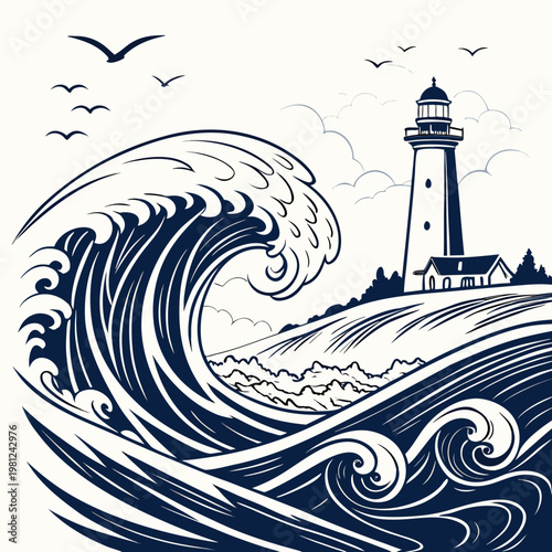 A vintage style illustration depicts a large crashing wave near a coastal lighthouse with several birds soaring in the sky above