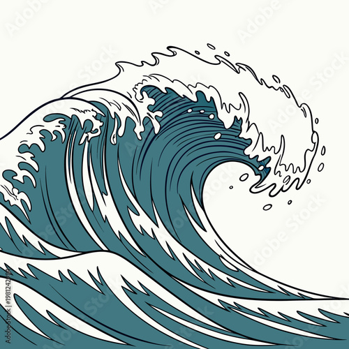 A striking illustration captures a large curling ocean wave in a vintage japanese woodblock print style showcasing dynamic movement high quality professional