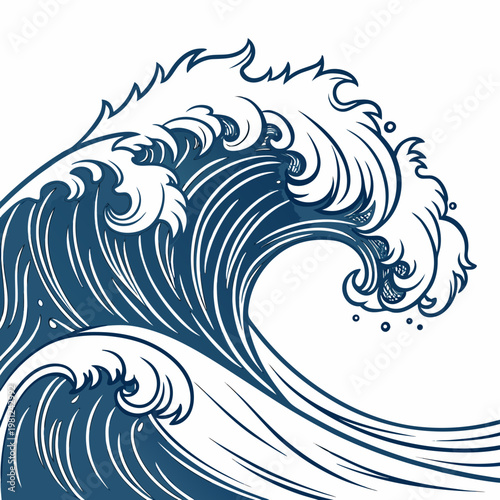 A striking blue and white illustration depicts a powerful ocean wave curving dramatically with intricate detailing and a dynamic sense of motion