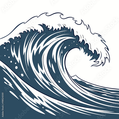 A striking graphic depiction of a large ocean wave rendered in shades of blue and white evokes power and motion high quality