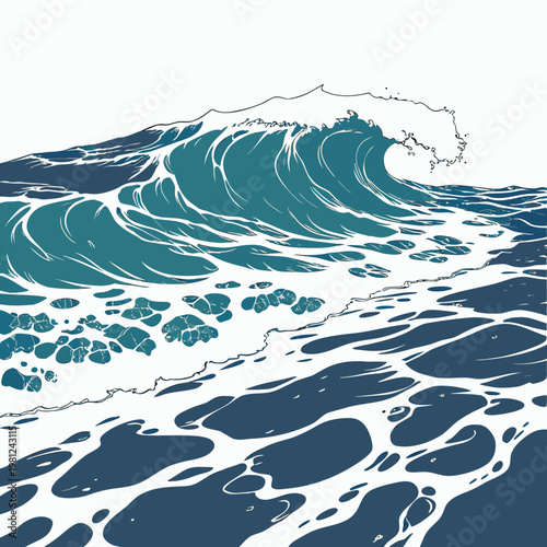 A stylized teal and white illustration depicts a large ocean wave curling and breaking evoking traditional japanese woodblock print aesthetics high quality
