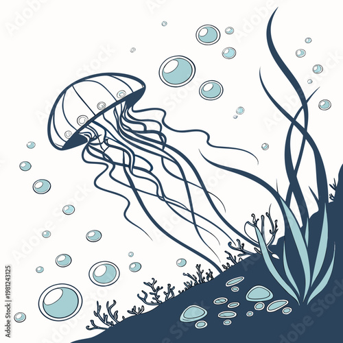 A stylized illustration depicts a jellyfish gracefully swimming amidst bubbles and seaweed in a serene aquatic environment high quality professional detailed modern
