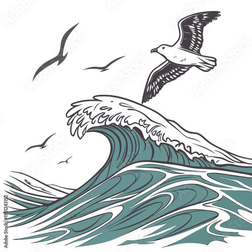 A detailed sketch depicts seagulls soaring above turbulent ocean waves capturing the essence of coastal freedom and natural beauty high quality professional