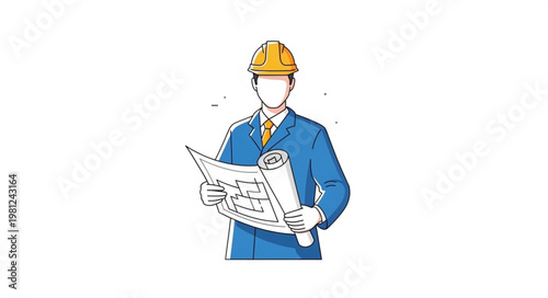 Construction Engineer Wearing Hardhat Holding Blueprints and Plans.