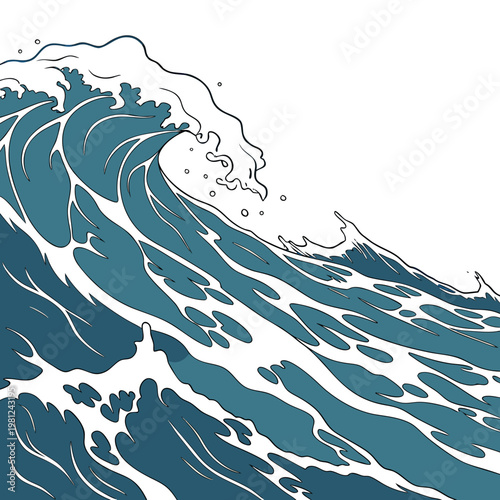A stylized illustration depicts a powerful ocean wave curling and crashing showcasing dynamic movement and a sense of natural energy high quality