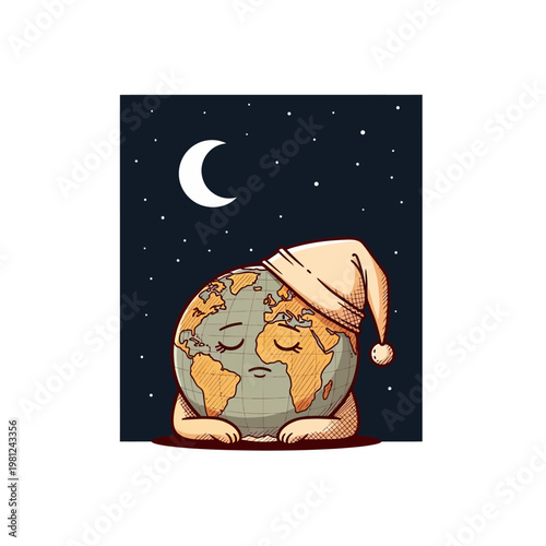 A cute cartoon Earth character sleeping peacefully with a nightcap under a starry night sky with a crescent moon.