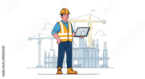 Construction engineer standing with blueprints and helmet.