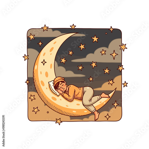 A person sleeping peacefully on a crescent moon in a starry night sky illustration.