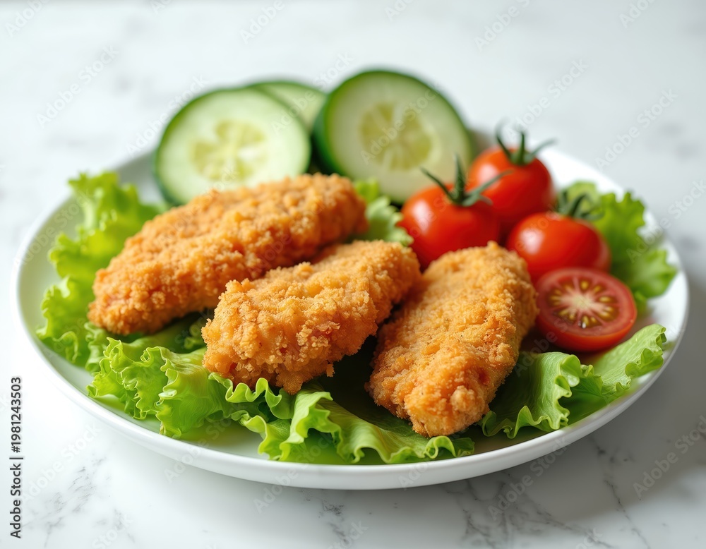 Fototapeta premium Crispy chicken fingers served with fresh salad on white plate. Side of cucumbers and tomatoes complement chicken strips and lettuce. Delicious homemade meal for lunch or dinner.