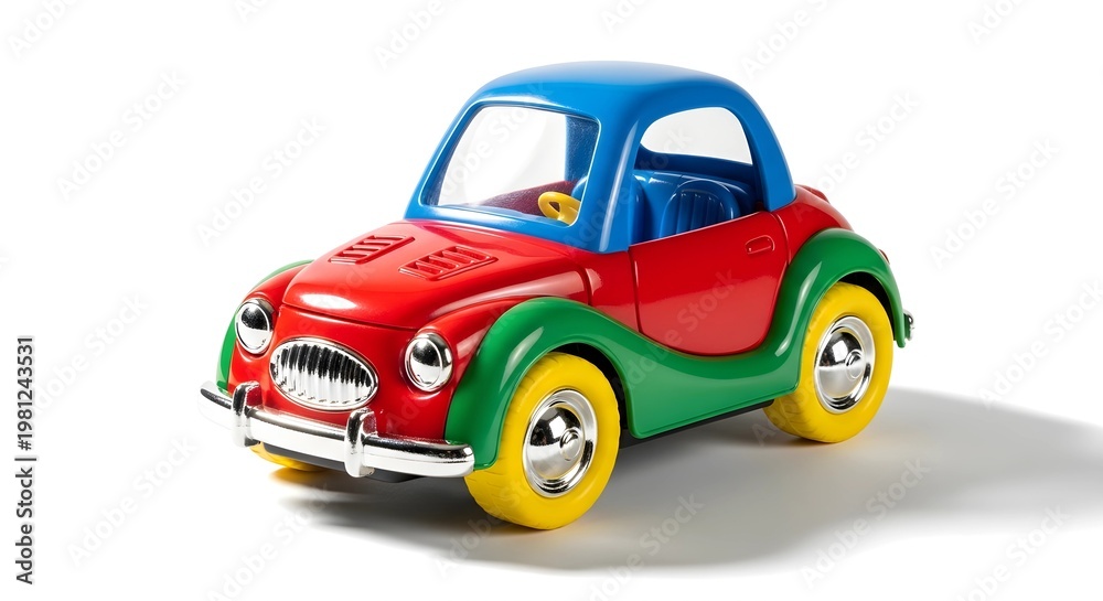 Fototapeta premium Colorful vintage toy car isolated on white background with soft lighting