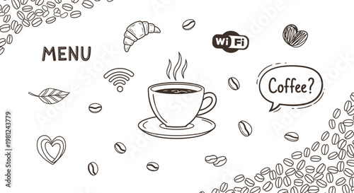 Hand drawn coffee menu sketchy cafe elements free wifi illustration