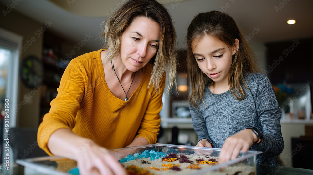 Fototapeta premium Mother and adult daughter build miniature zen garden together on dining table, raking sand patterns for resilience practice during family therapy session, perfect for intergenerati