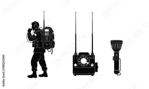 Soldier with radio, military communication equipment, flashlight silhouette