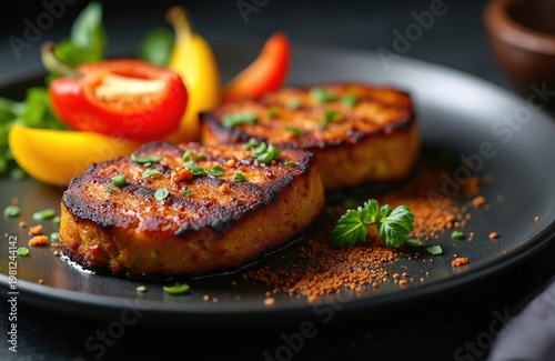 Grilled tempeh steaks with fresh red yellow peppers and green herbs sit on dark plate. Savory vegan protein meal offers healthy plant based nutrition for delicious dinner.