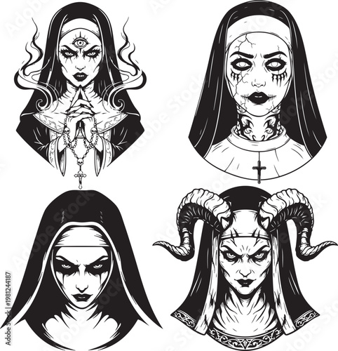 Horror Nun Demon Faces Gothic Tattoo Illustration Set