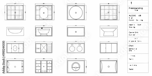 Architectural drawings of various bathroom fixtures and layouts
