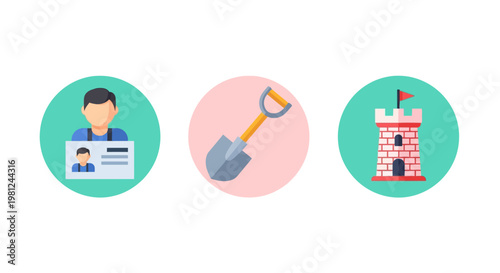 Colorful set of icons featuring person profile shovel and castle tower