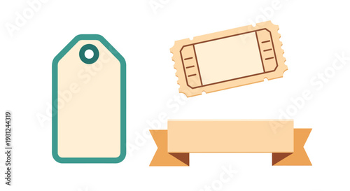 Vintage tag and ticket icon set with blank banner on white background