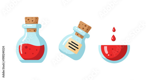 Cartoon potion bottles with red liquid and cork stoppers in flat