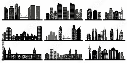 Silhouettes of iconic city skylines arranged in a grid pattern