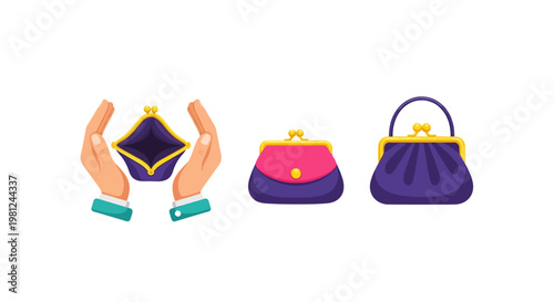 Colorful purse design with hands holding open empty wallet in flat
