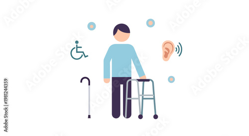 Accessibility and support symbols including person with mobility aid