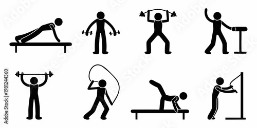 Stick figures demonstrate various fitness exercises and gym activities