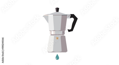 Minimalist moka pot with droplet on white background