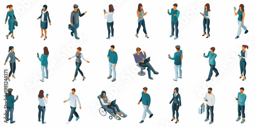 Isometric illustration of diverse people using mobile devices and walking